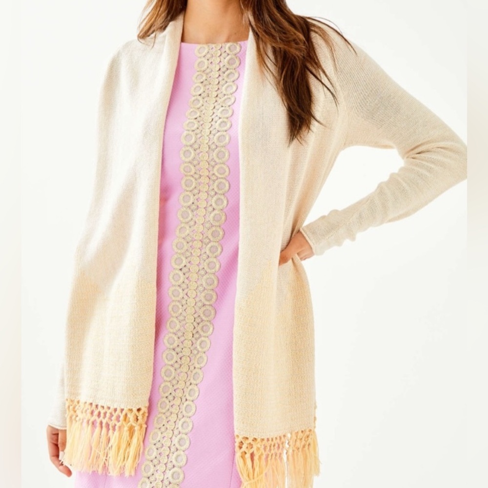 LILLY PULITZER Women’s M Cardigan Tatum Long Fringe Hem Ivory Gold Metallic - Picture 2 of 15